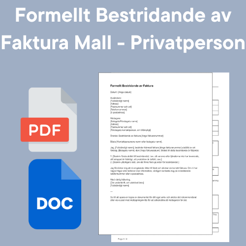 Formellt bestridande av faktura mall för privatperson med ikoner för PDF och DOC format