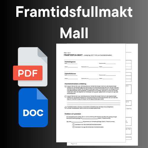 Mall för upprättande av en framtidsfullmakt med PDF och DOC ikoner.