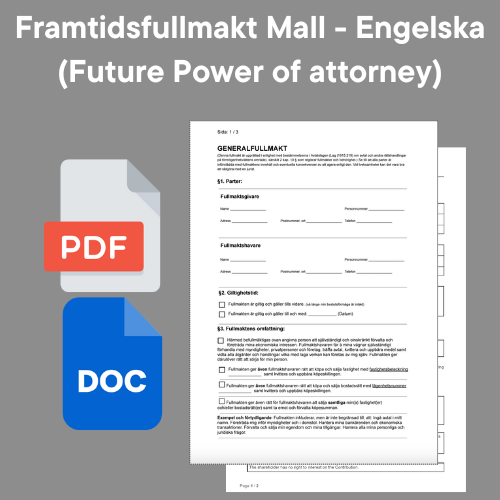 Framtidsfullmakt Mall (Engelska) Future Power of Attorney - Med ikoner för formaten PDF och WORD.