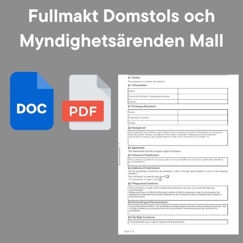 Mall för fullmakt vid domstol och myndighetsärenden med PDF och DOC ikoner.