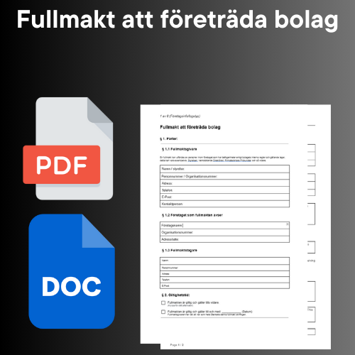 Fullmakt för att företräda bolag - Mall - Aktiebolag med PDF och DOC icons.