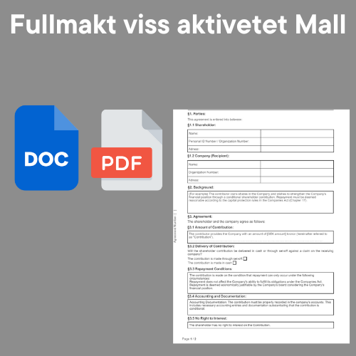 Mall för fullmakt avseende viss aktivitet i Word och PDF format.