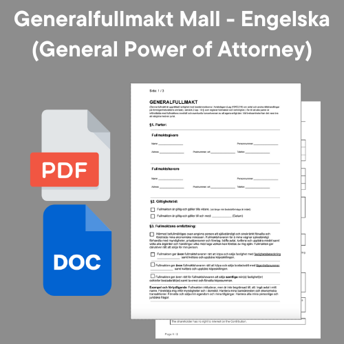 Generalfullmakt Mall på Engelska med ikoner för formaten PDF och Word.