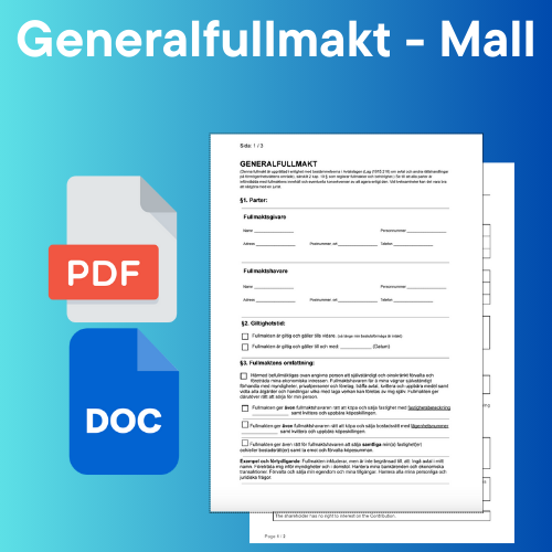 Generalfullmakt Mall - Med ikoner för formaten PDF och Word.