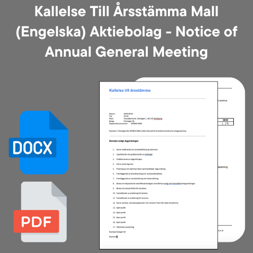 Mall på engelska för kallelse av årsstämma med DOCX och PDF ikoner.