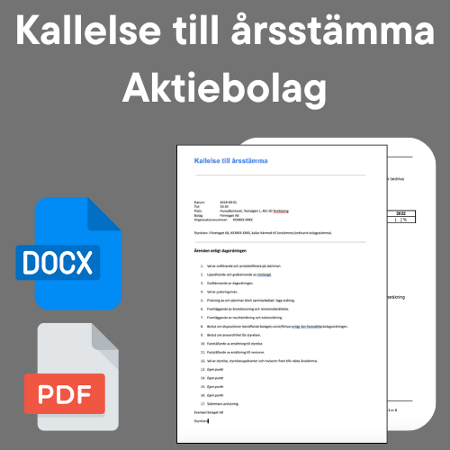 Mall för kallelse till årsstämma med DOCX och PDF ikoner.