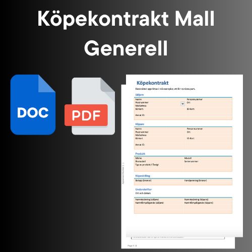 Mall för generell Köpekontrakt med DOC och PDF ikoner.