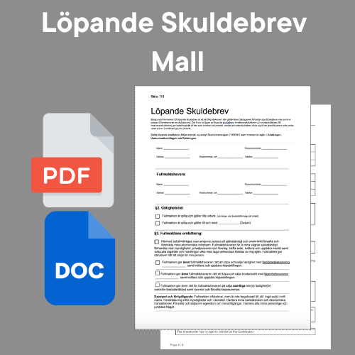 Löpande Skuldebrev Mall - Med ikoner för formaten PDF och WORD.