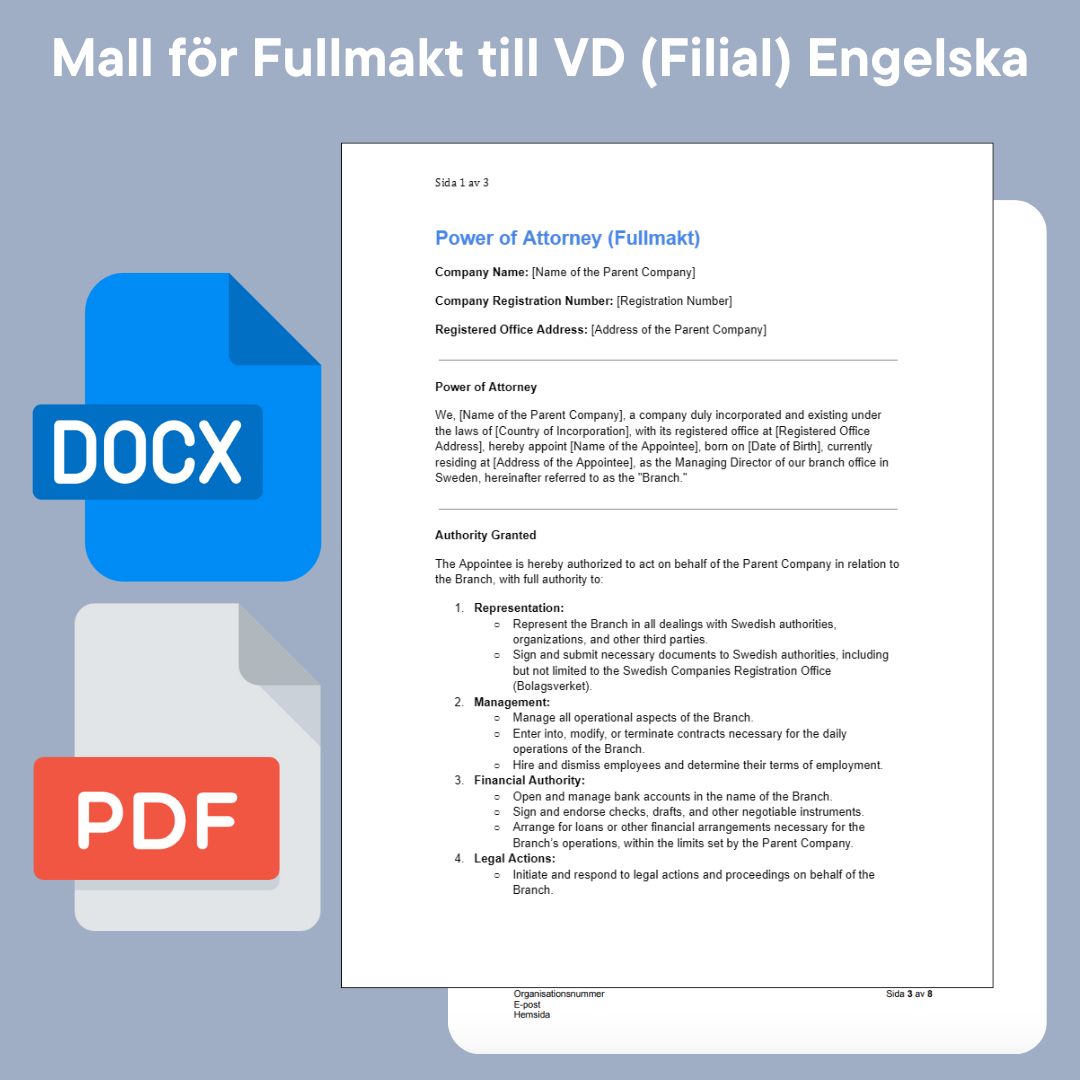 قالب التوكيل الرسمي لفرع الرئيس التنفيذي (باللغة الإنجليزية) Word/PDF القانون السويدي