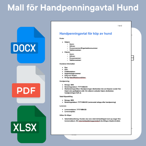 Handpenningavtal för hund mall i Word, PDF och Excel