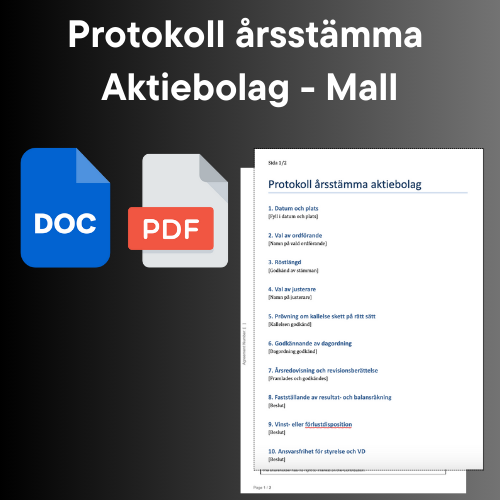 Protokoll Årsstämma Aktiebolag Mall DOC och PDF ikoner.