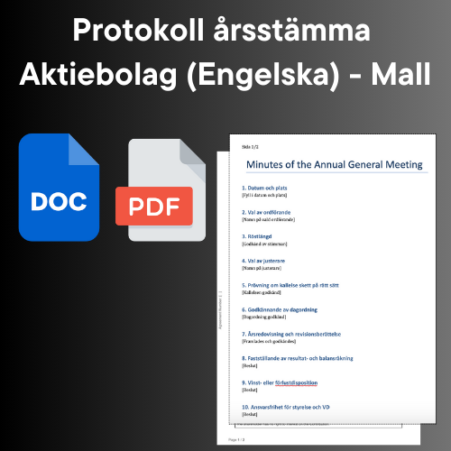 Protokoll årsstämma aktiebolag på engelska mall i Word och PDF