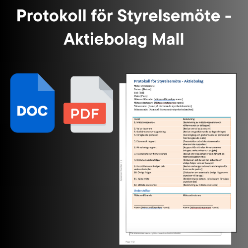 Mall för protkoll vid styrelsemöte för aktiebolag med ikoner för docx och pdf.