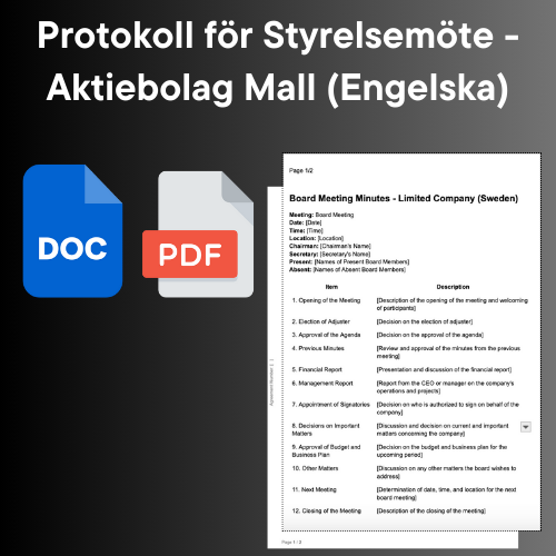 Protokoll för Styrelsemöte (Engelska) - Aktiebolag Mall