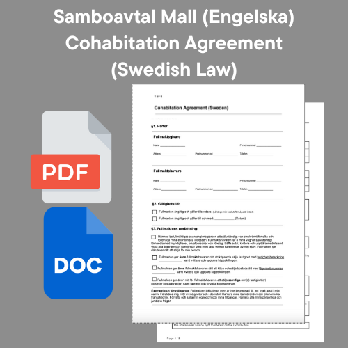 Samboavtal Mall (Engelska) Cohabitation Agreement (Swedish Law) Med ikoner för formaten Word och PDF.