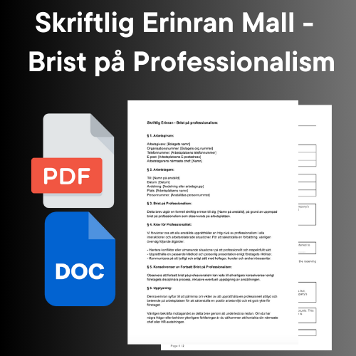 Skriftlig Erinran Mall avseende bristande professionalism - Med ikoner för PDF och DOC.