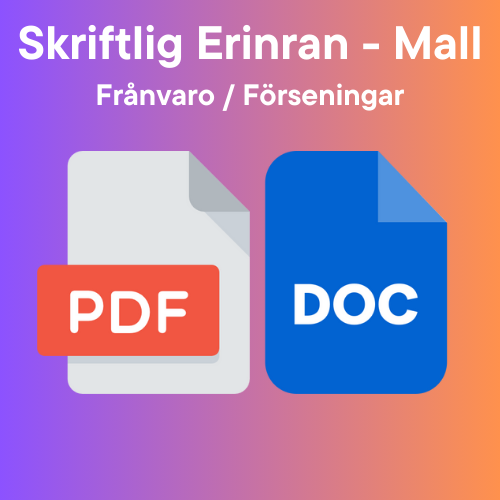 Skriftlig Erinran Mall - Frånvaro / Förseningar - Med ikoner för formaten PDF och WORD.