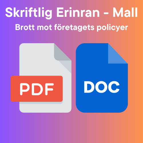 Mall för skriftlig Erinran - Brott mot företagets policy med ikoner för formaten Word och PDF.