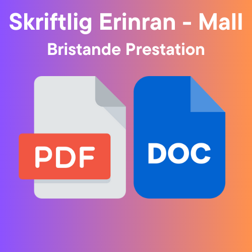 Mall för skriftlig Erinran - Bristande Prestation med ikoner för formaten Word och PDF.