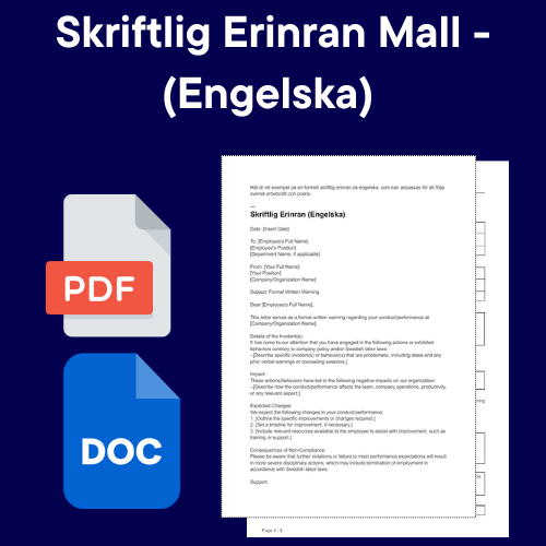 Mall för Skriftlig Erinran på Engelska. Med ikoner för formaten PDF och DOC.