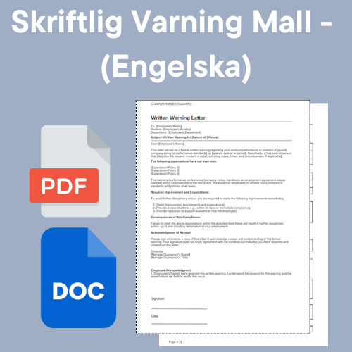 Skriftlig Varning Mall på Engelska för Svenska arbetsgivare med ikoner för PDF och DOC format.