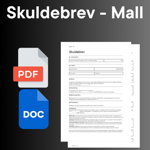 Mall för Enkelt Skuldebrev med PDF och DOC format ikoner.