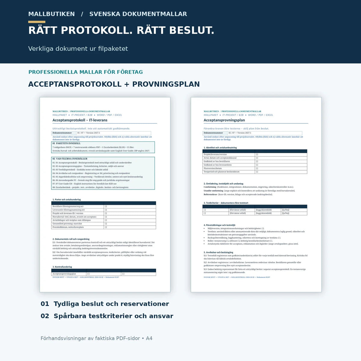 Förhandsvisning av faktiskt acceptansprotokoll och acceptansprovningsplan i PDF