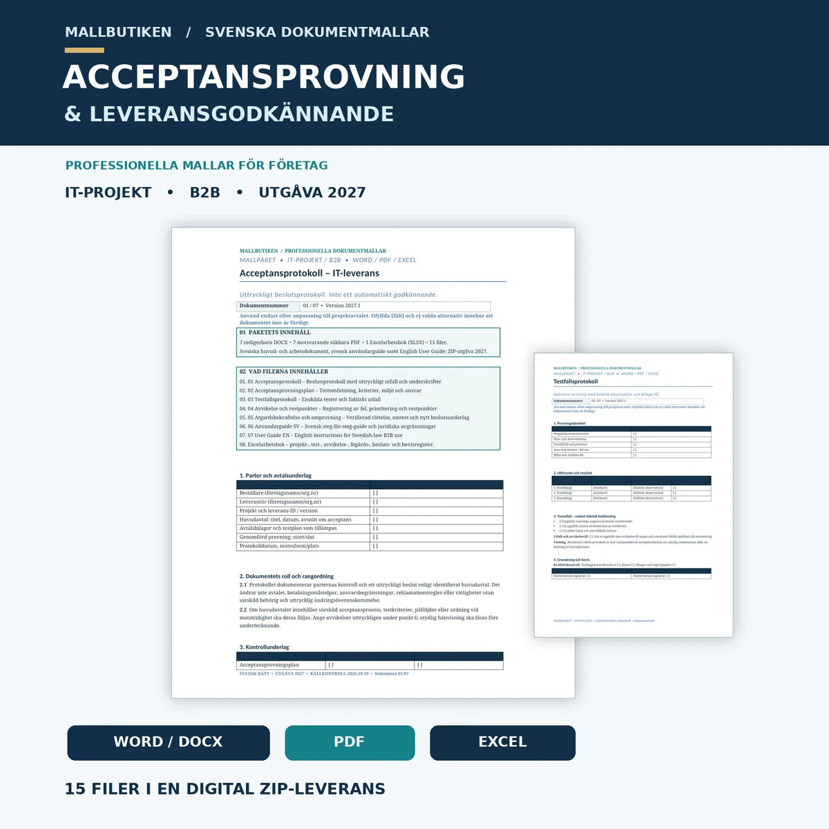 Acceptansprovning och leveransgodkännande IT B2B 2027 – dokumentmallar i Word, PDF och Excel