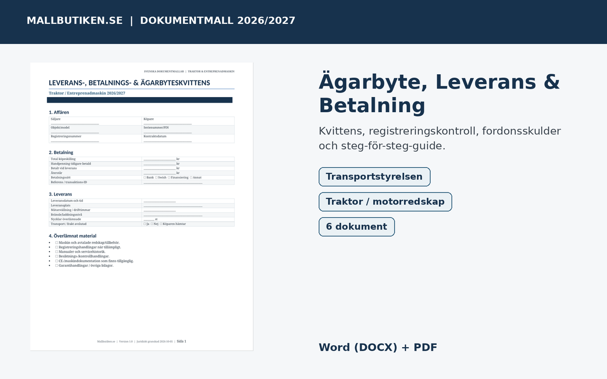 Ägarbyte leverans betalning traktor motorredskap checklista 2026/2027