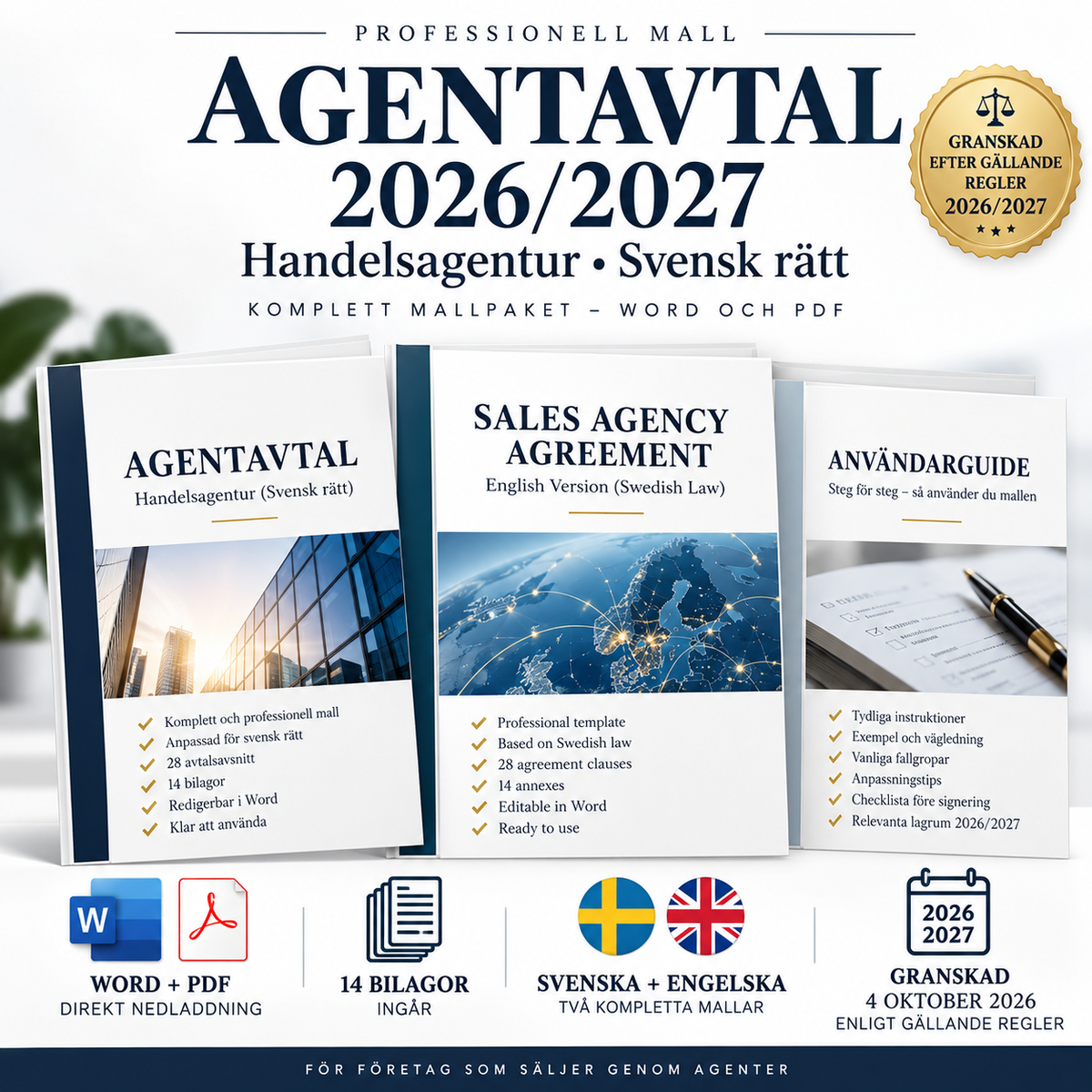 Agentavtal mallpaket 2026/2027 i Word och PDF enligt svensk rätt
