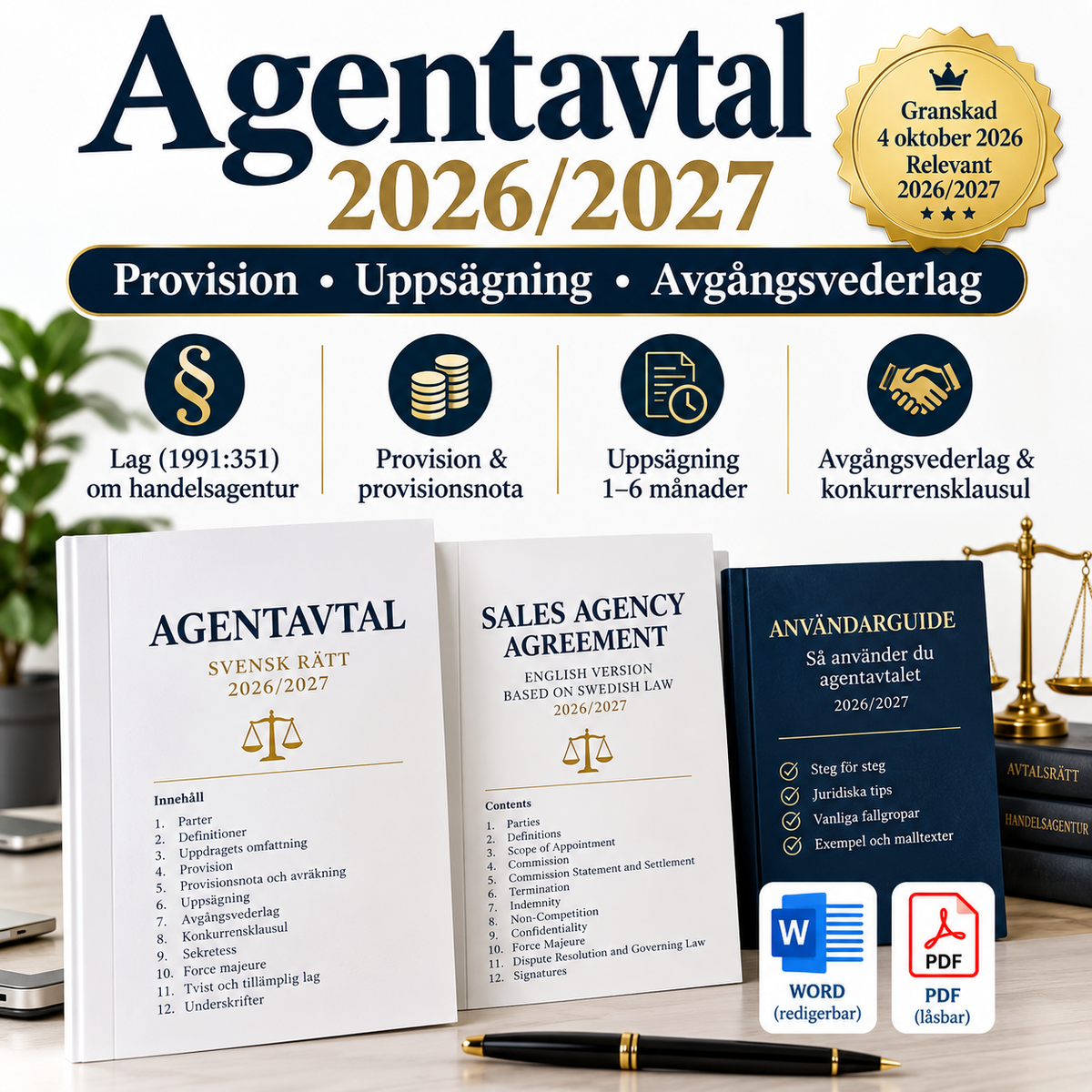 Agentavtal 2026/2027 enligt svensk rätt med provision, uppsägning och avgångsvederlag