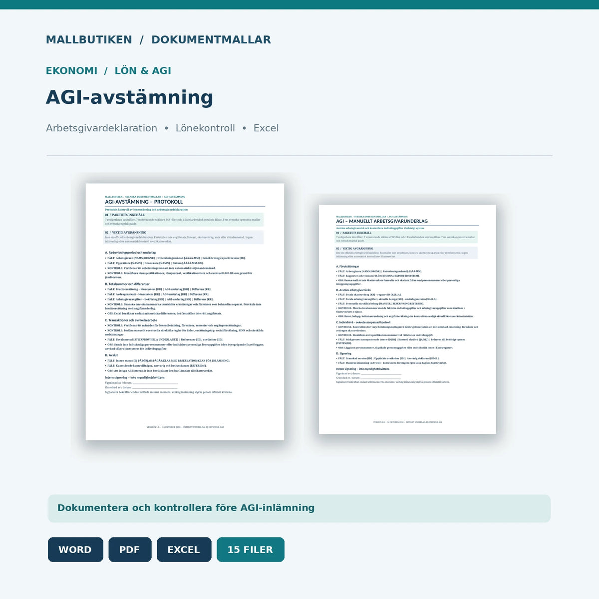 AGI-avstämning och arbetsgivardeklaration – mallpaket Word PDF Excel