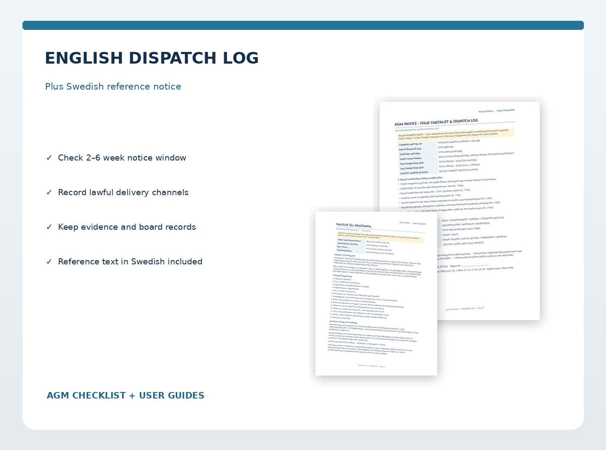 English AGM dispatch checklist with Swedish annual meeting notice reference document