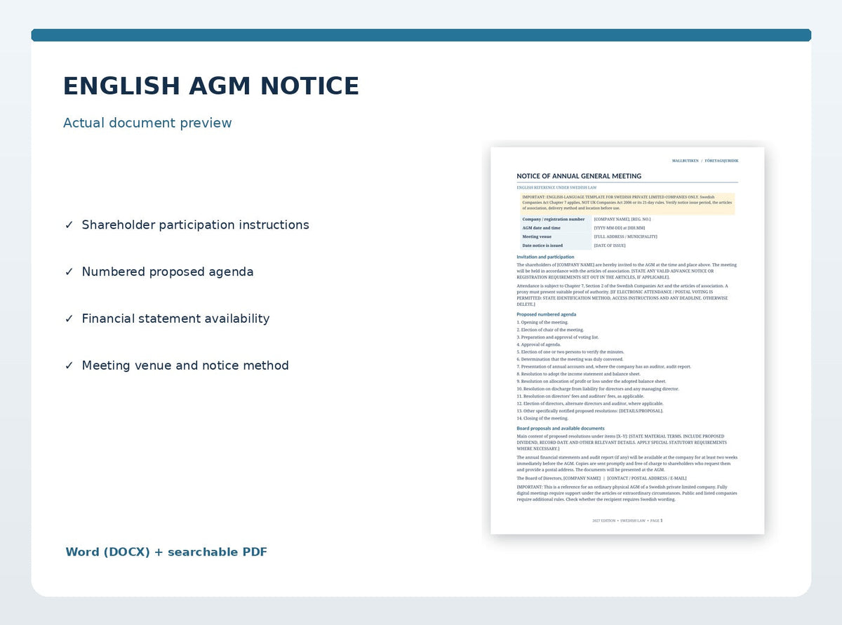 Actual English Notice of AGM document preview with numbered agenda under Swedish Companies Act