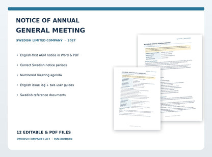 English Notice of Annual General Meeting for Swedish companies, Word PDF, Swedish reference, issue checklist and guides