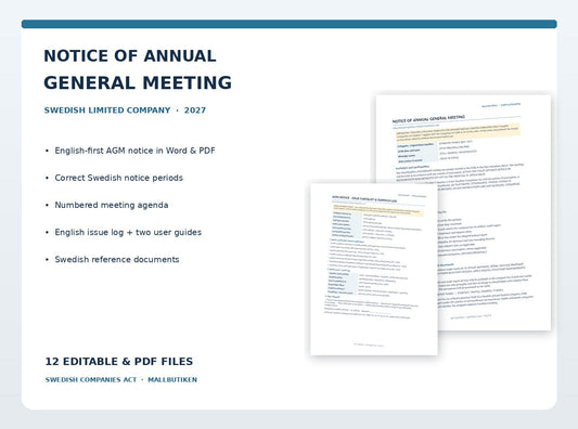 English Notice of Annual General Meeting for Swedish companies, Word PDF, Swedish reference, issue checklist and guides