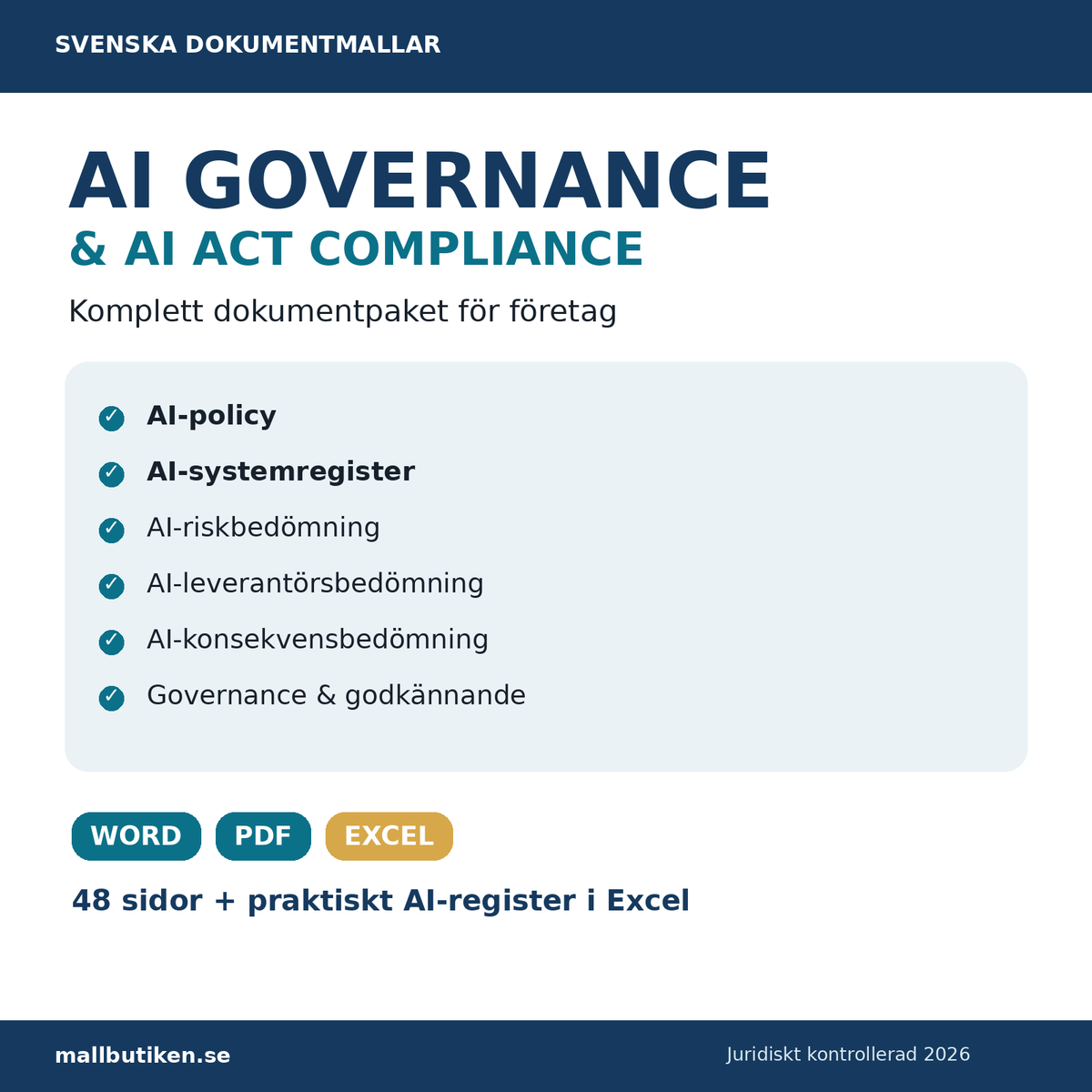 AI Governance och AI Act Compliance paket 2026 med sex mallar i Word PDF och AI-register i Excel