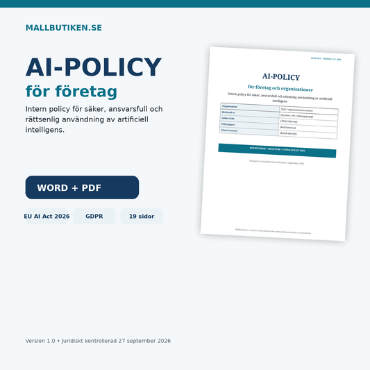 AI-policy för företag 2026 mall i Word och PDF enligt EU AI Act och GDPR