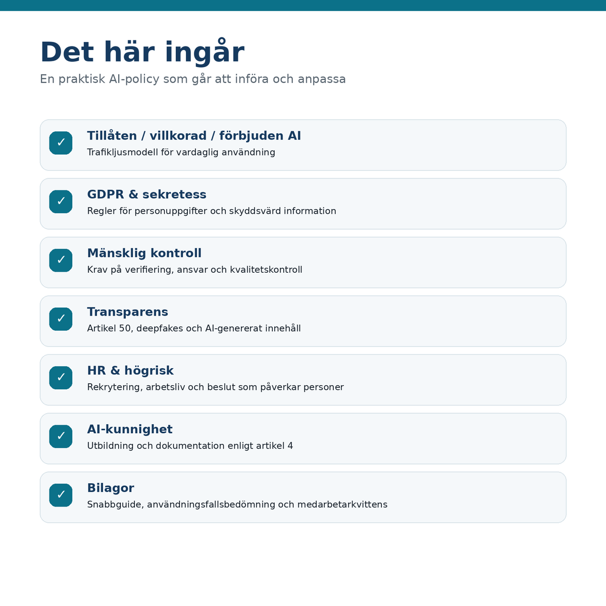 Innehåll i AI-policy för företag med GDPR mänsklig kontroll transparens HR och AI-kunnighet