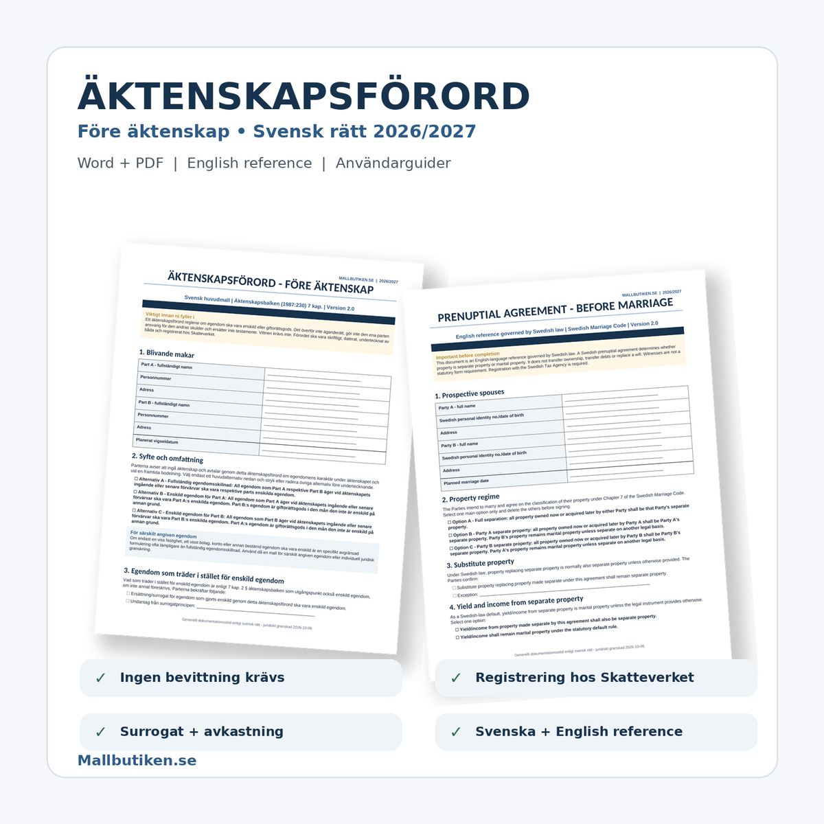 Äktenskapsförord före äktenskap 2027 – Word/PDF med English reference, registrering och användarguider