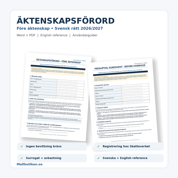 Äktenskapsförord före äktenskap 2027 – Word/PDF med English reference, registrering och användarguider