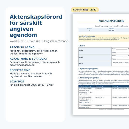 Äktenskapsförord för särskilt angiven egendom 2027 – Word/PDF med English reference och användarguider