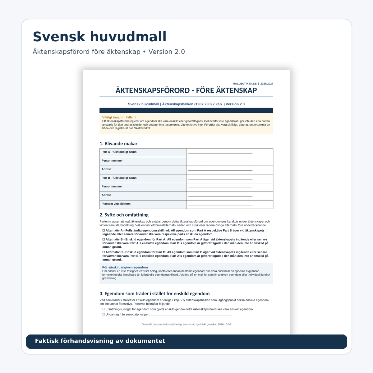 Förhandsvisning av svensk äktenskapsförord mall före äktenskap enligt svensk rätt