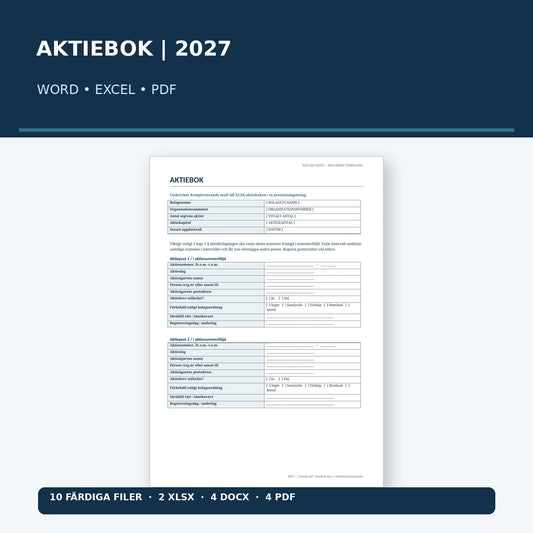 Aktiebok mall 2027 – svensk Excel, Word och PDF med förblad, aktienummer och användarguider
