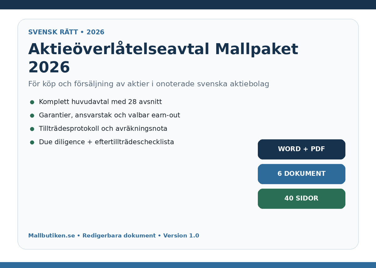 Aktieöverlåtelseavtal mallpaket 2026 i Word och PDF för svenska aktiebolag