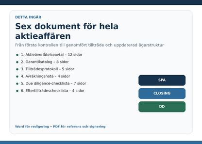 Innehåll i aktieöverlåtelseavtal mallpaket med garantier tillträdesprotokoll avräkningsnota och due diligence