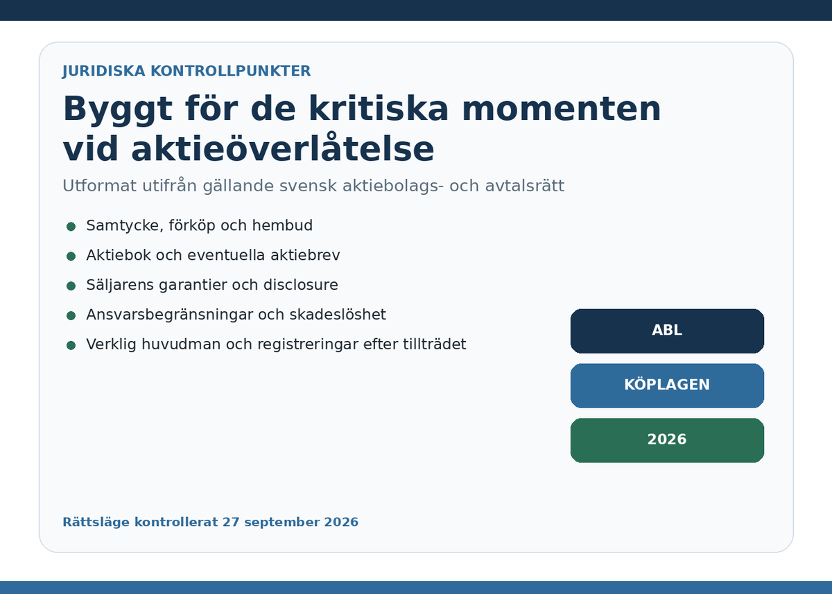 Aktieöverlåtelseavtal 2026 enligt svensk rätt med samtycke förköp hembud aktiebok och garantier