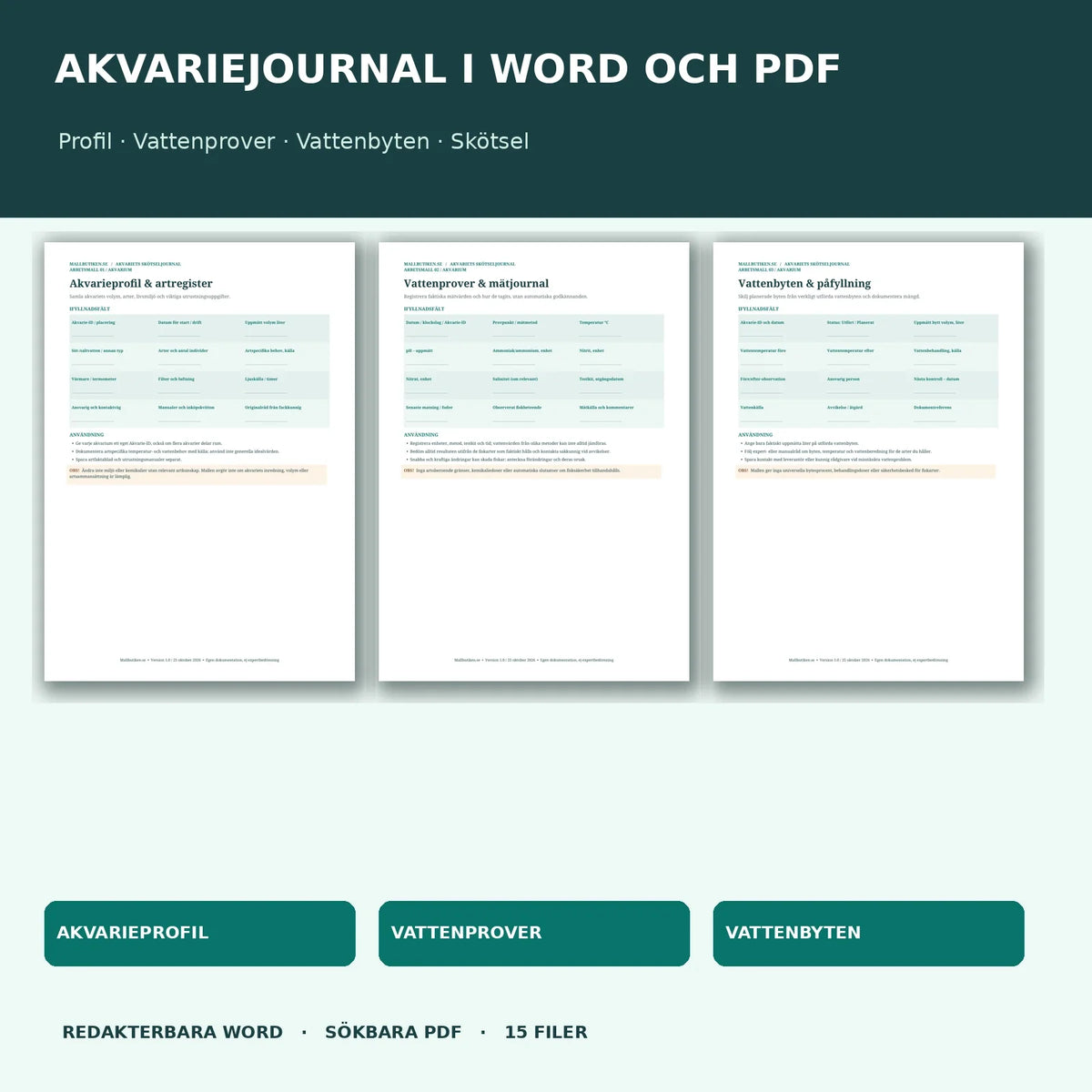 Akvarieprofil, vattenprover och vattenbyten i redigerbara Word- och sökbara PDF-dokument