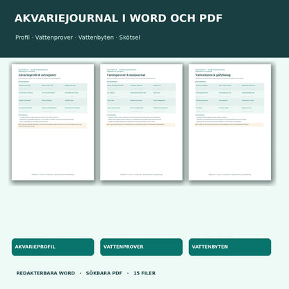 Akvarieprofil, vattenprover och vattenbyten i redigerbara Word- och sökbara PDF-dokument
