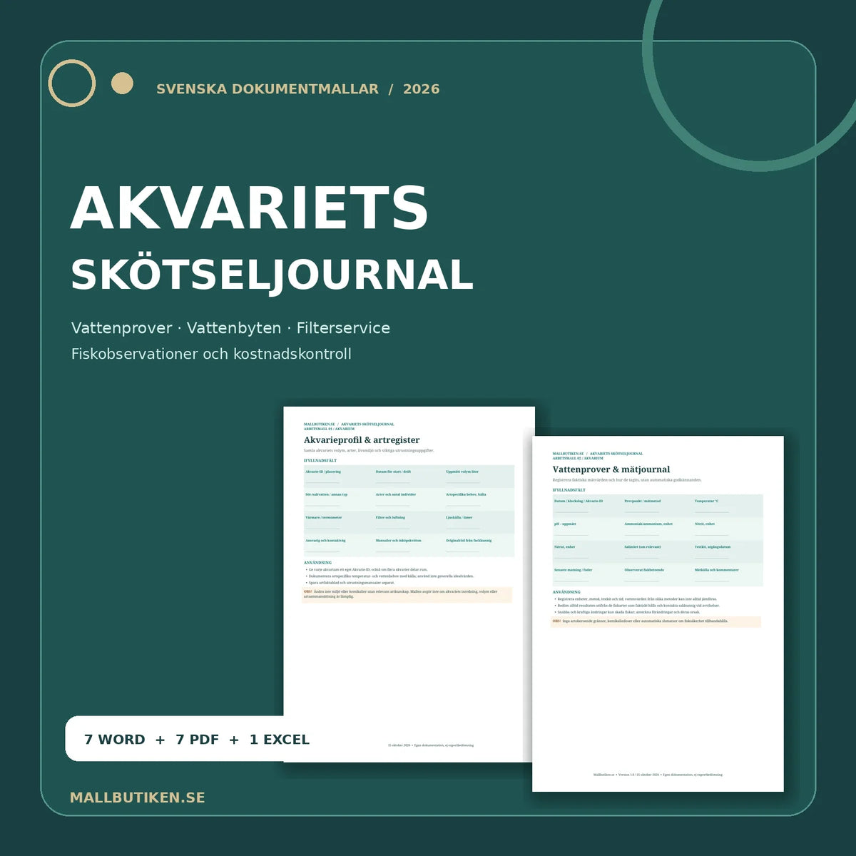 Akvariets skötseljournal – verkliga Word- och PDF-mallar med vattenvärdesregister och Excel